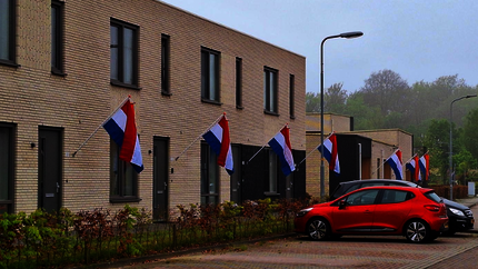 Een rij woningen met ieder een Nederlandse vlag